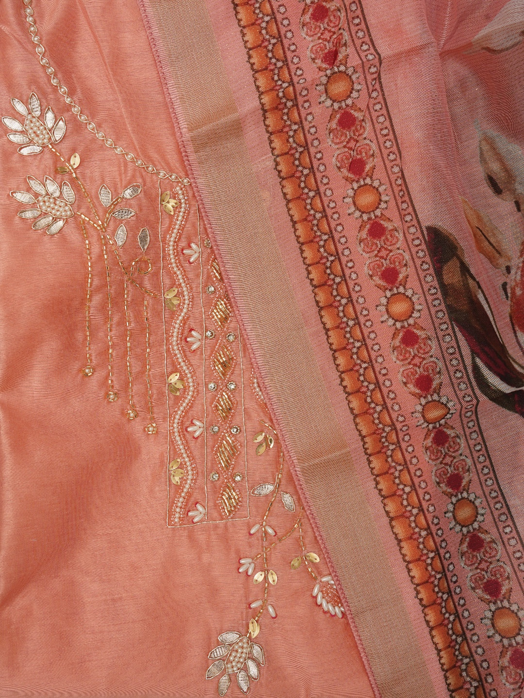 Peach Unstitched Zari Woven Design Cotton Dress Material with Dupatta