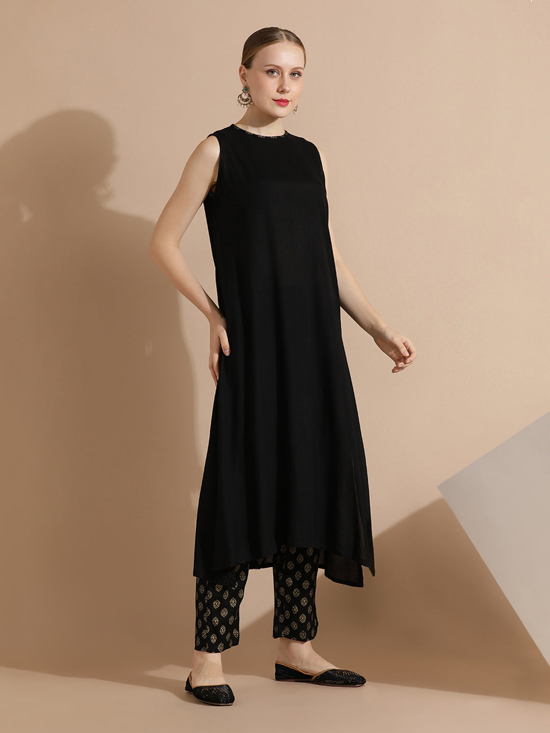 Black Rayon Kurta With Printed Pants