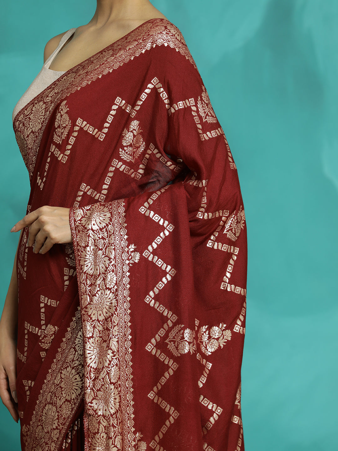 Maroon Heavy Banarasi Zari Woven Silk Blend Saree