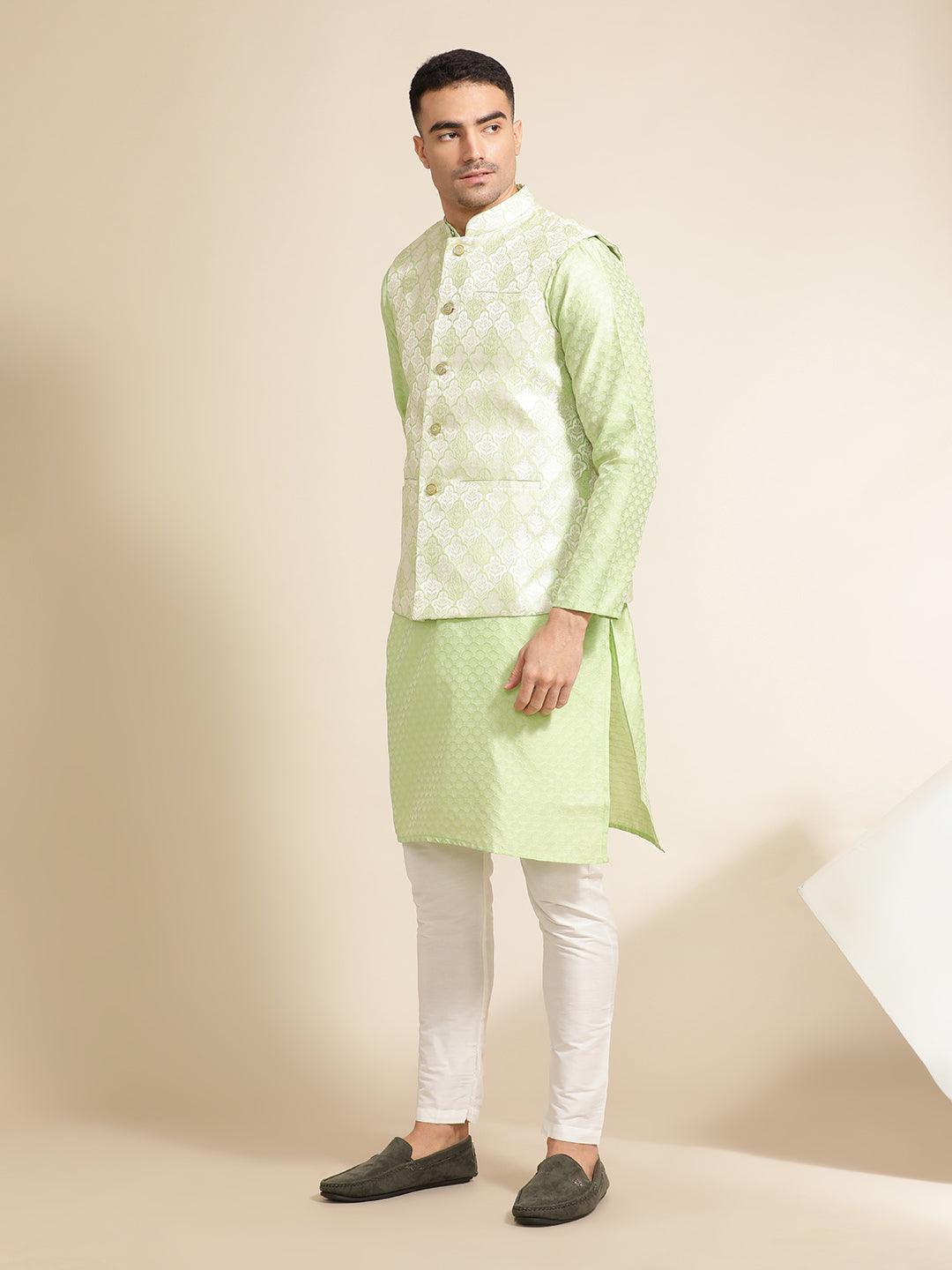 Pista Green Silk Blend Kurta With Woven Design Nehru Jacket Set