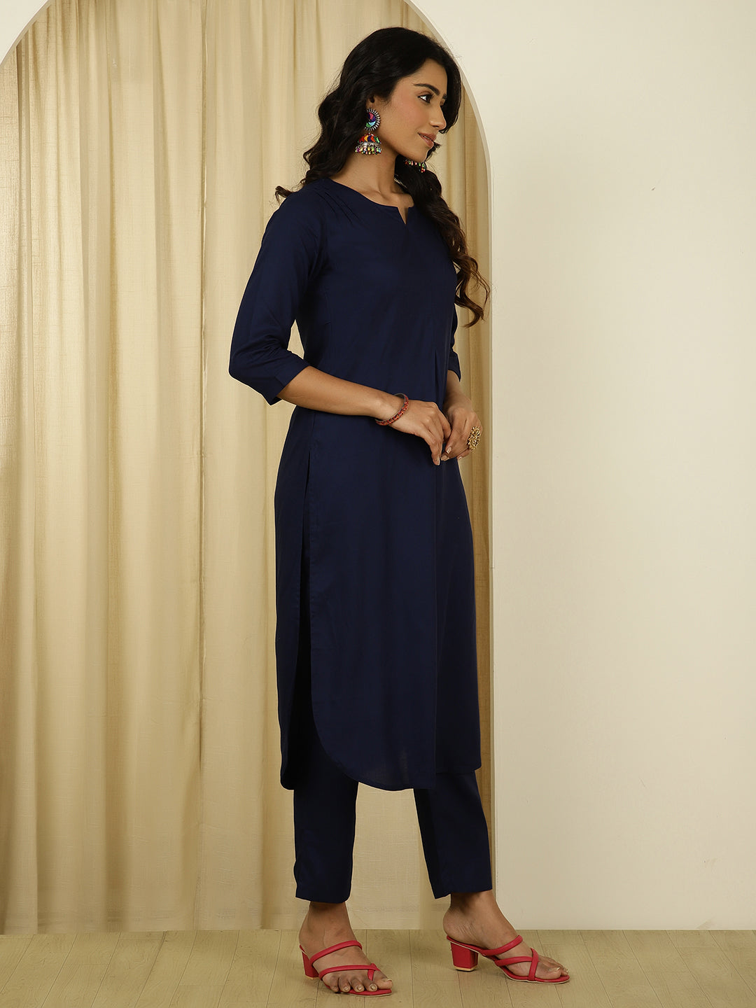 Navy Blue Pleated Straight Kurta With Pants