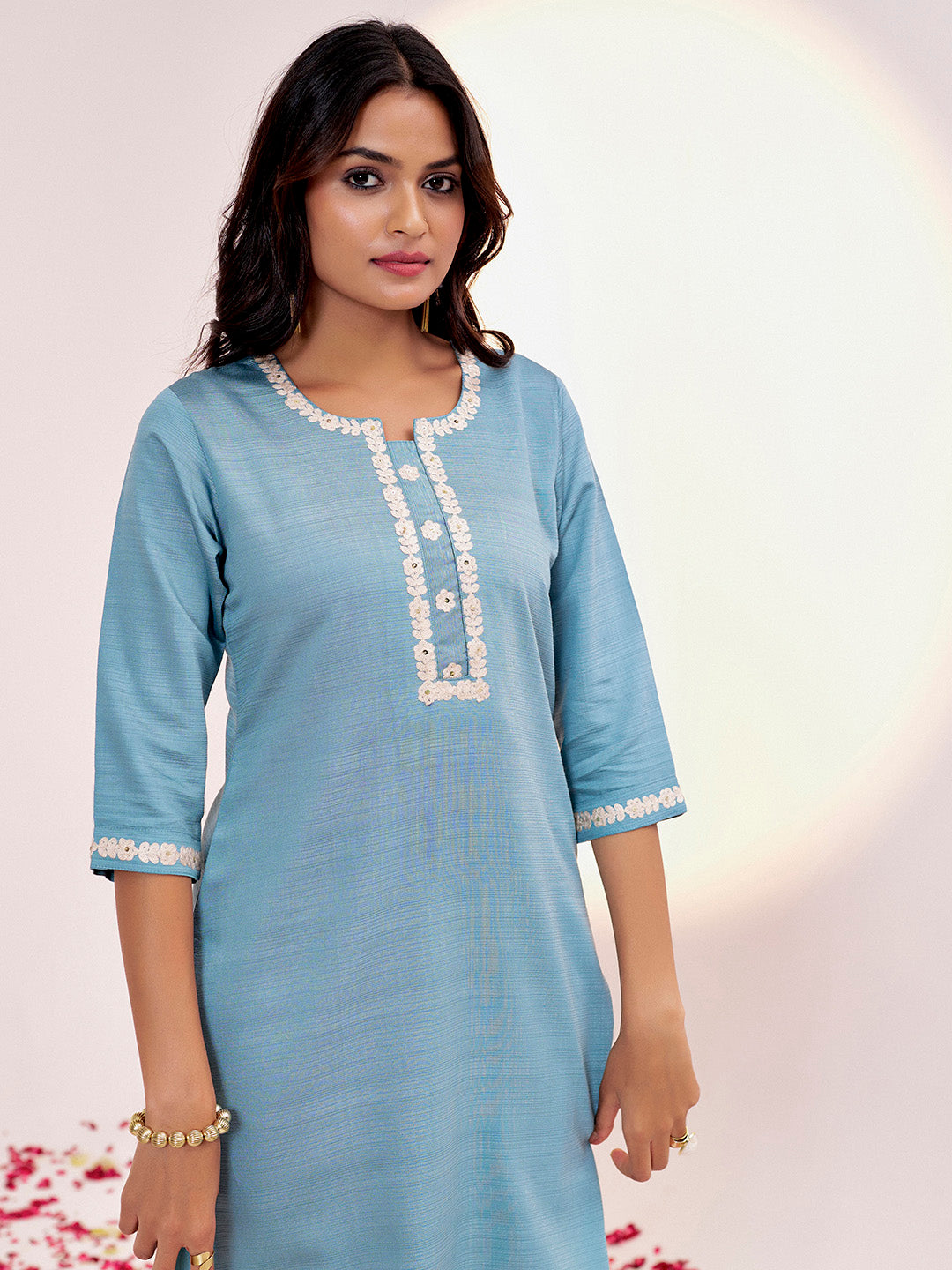 Blue Self Woven Dori Embroidered Kurta Set