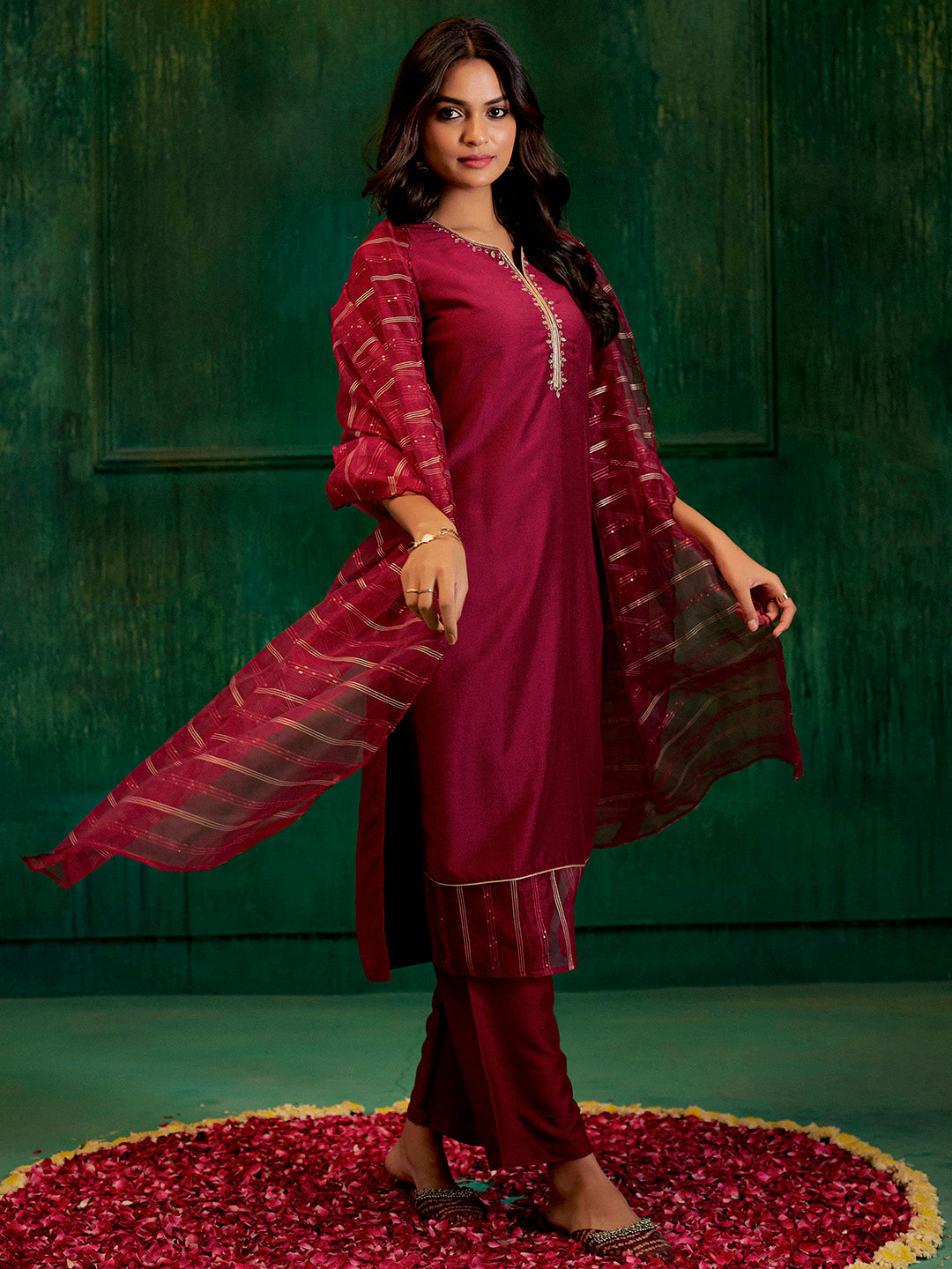 Maroon Festive Embroidered Poly Silk Kurta Set With Dupatta