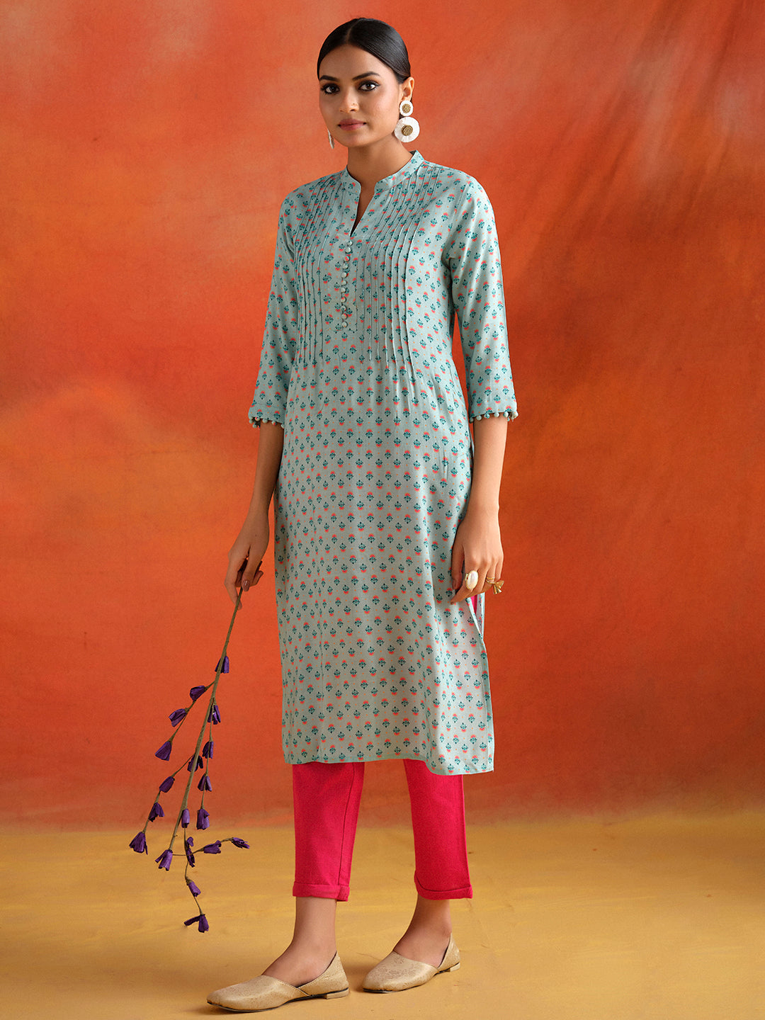 Blue Ethnic Motif Printed Straight Kurta