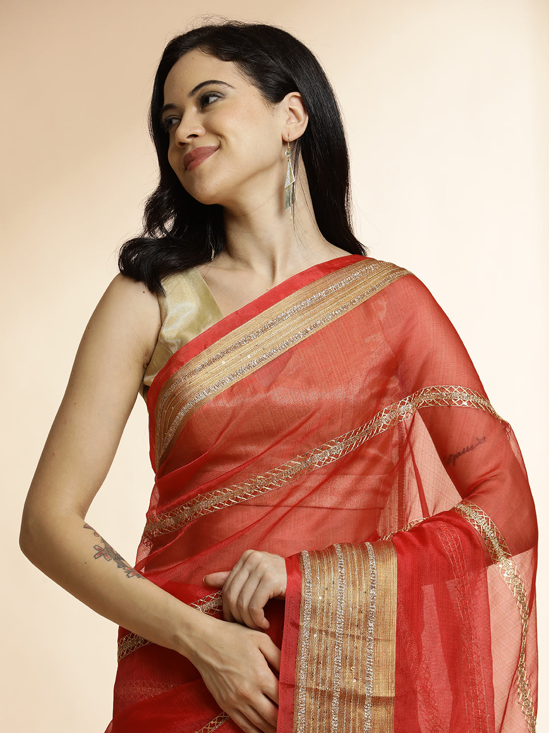 Woven Design Khadi Organza Red Saree