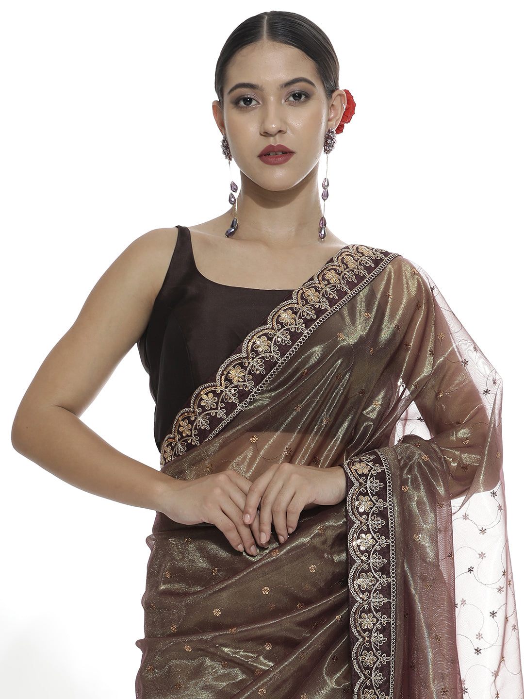 Brown Sequin Embroidered Net Party Wear Saree