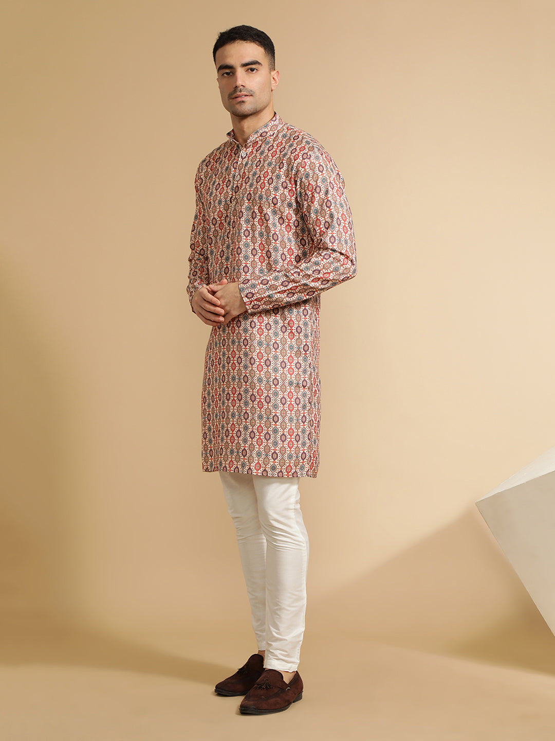 Beige Geometric Printed Cotton Kurta for Men