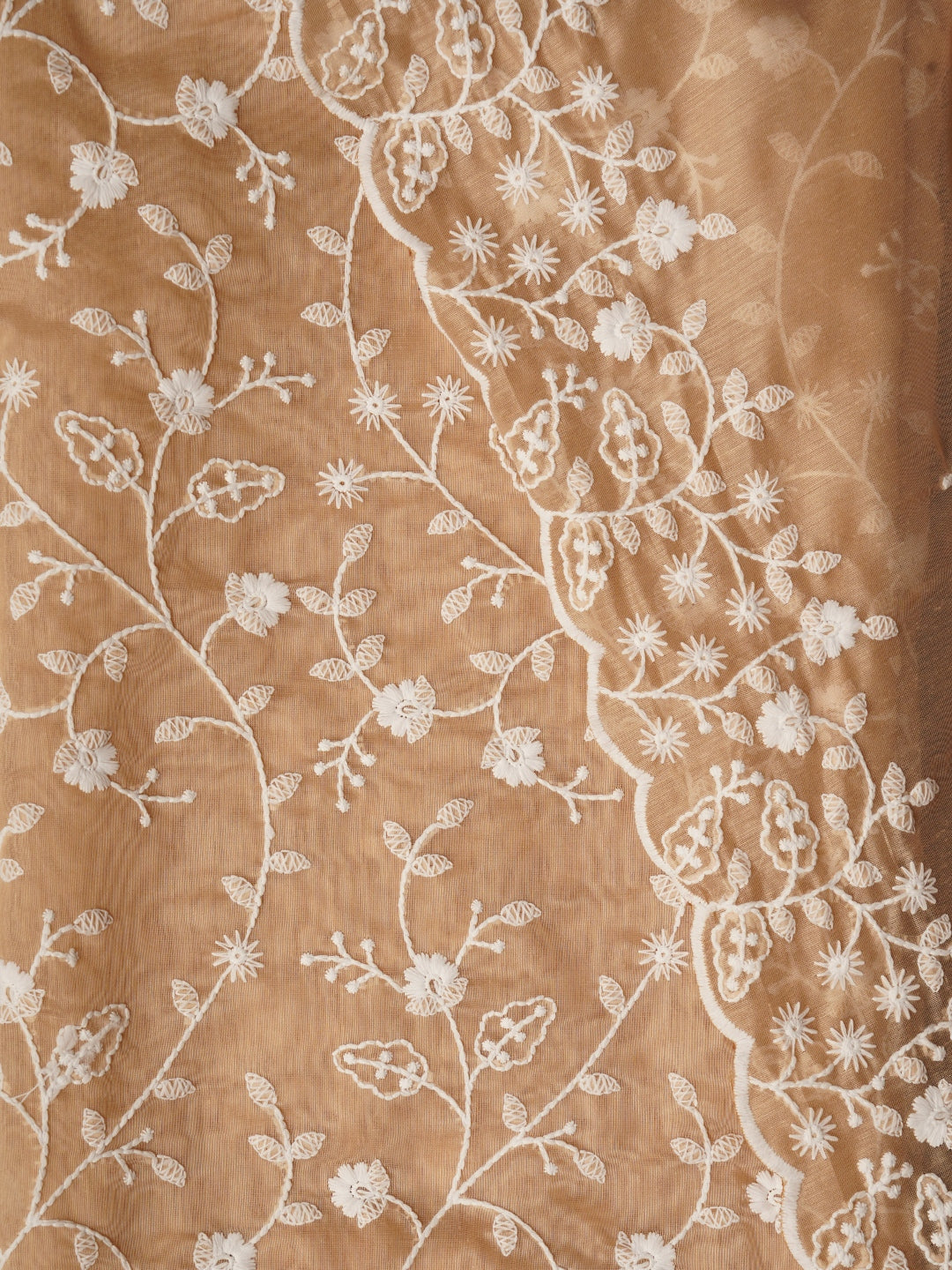 Beige Cotton Lucknowi Embroidered Dress Material with Dupatta