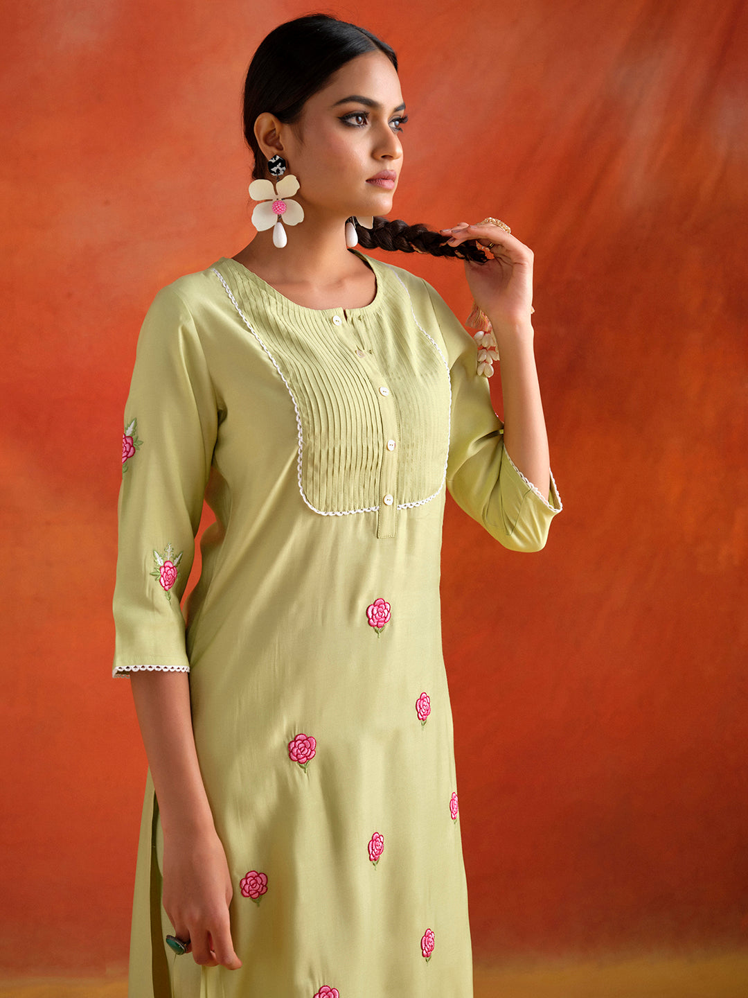 Lime Green Embroidered Viscose Chanderi Festive Kurta Set