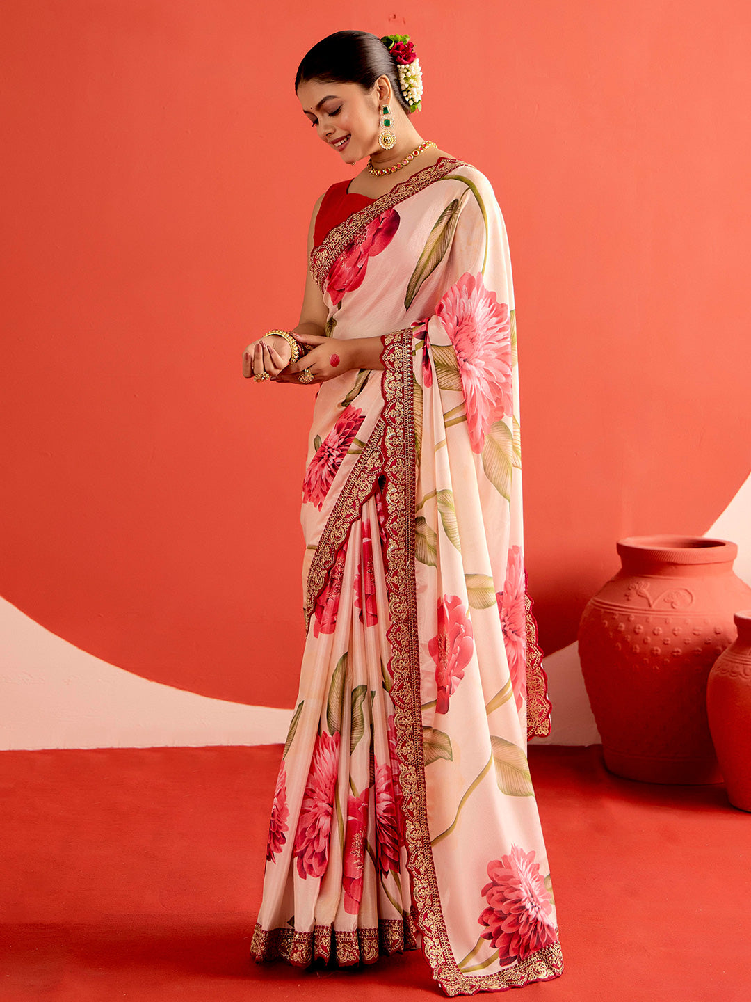 Floral Printed Fancy Lace Satin Saree