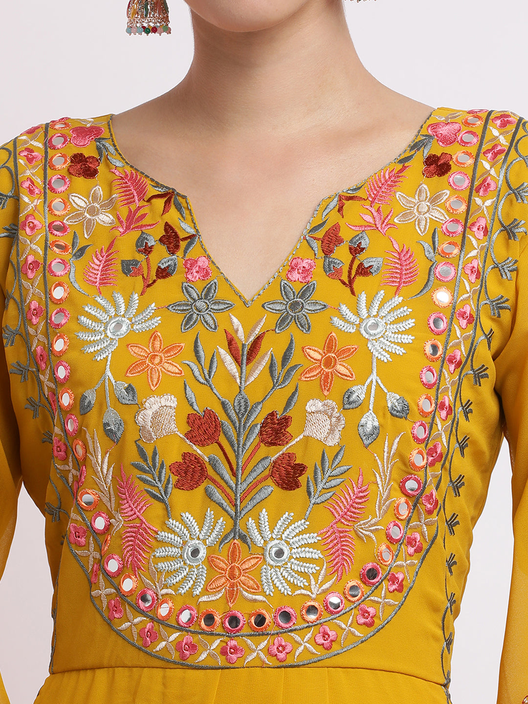 Yellow Thread Embroidered Georgette Kurta Set With Dupatta