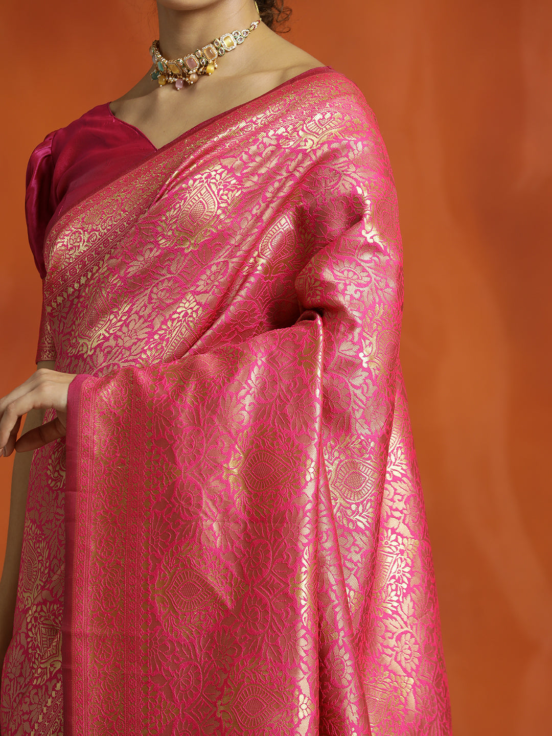 Pink Silk Banarasi Zari Woven Heavy Red Saree