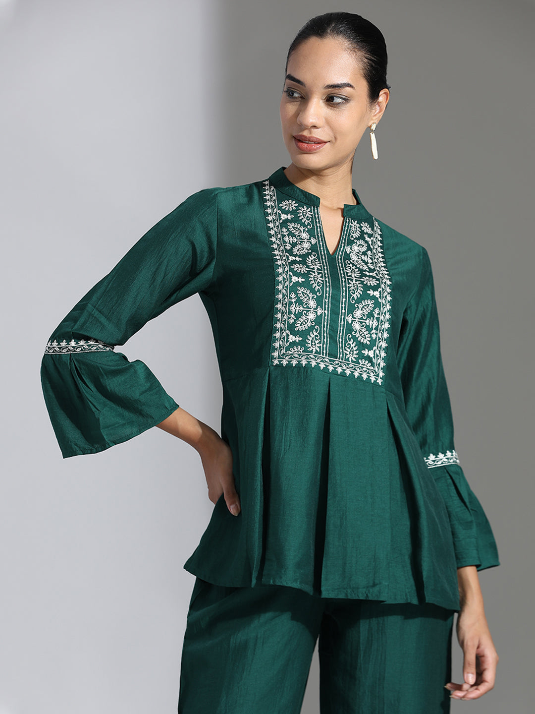 Dark Green Chinon Floral Embroidered Top With Trousers Co-ord Set