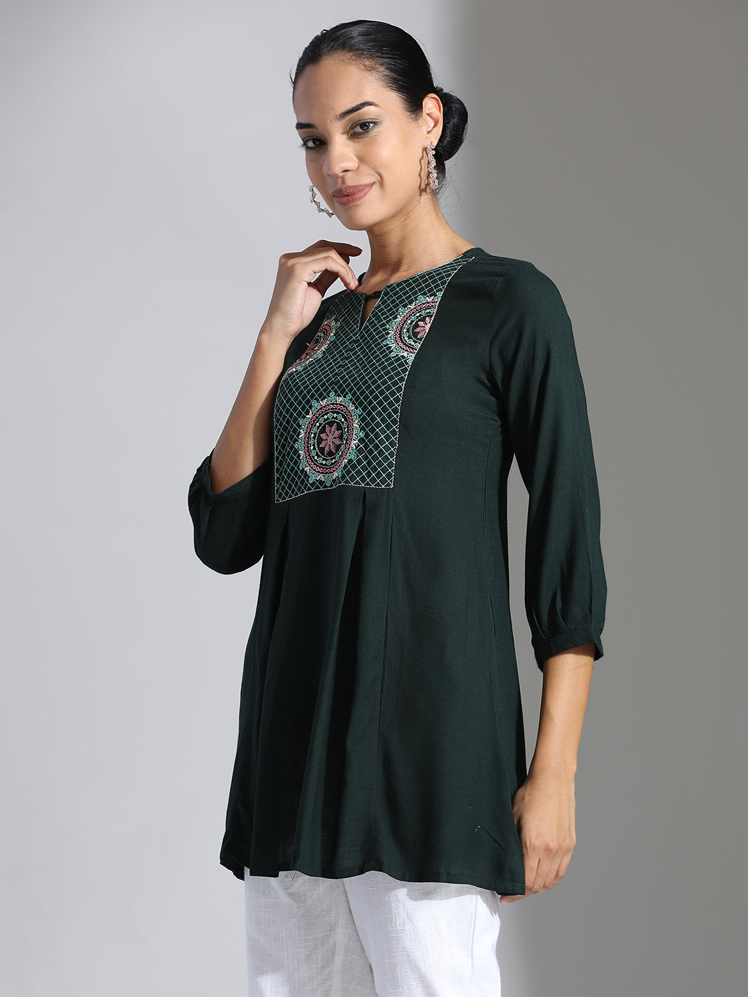 Green Embroidered Party Wear A-line Top