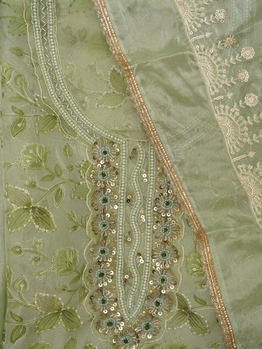 Sea Green Sequin Embellished Organza Dress Material with Dupatta