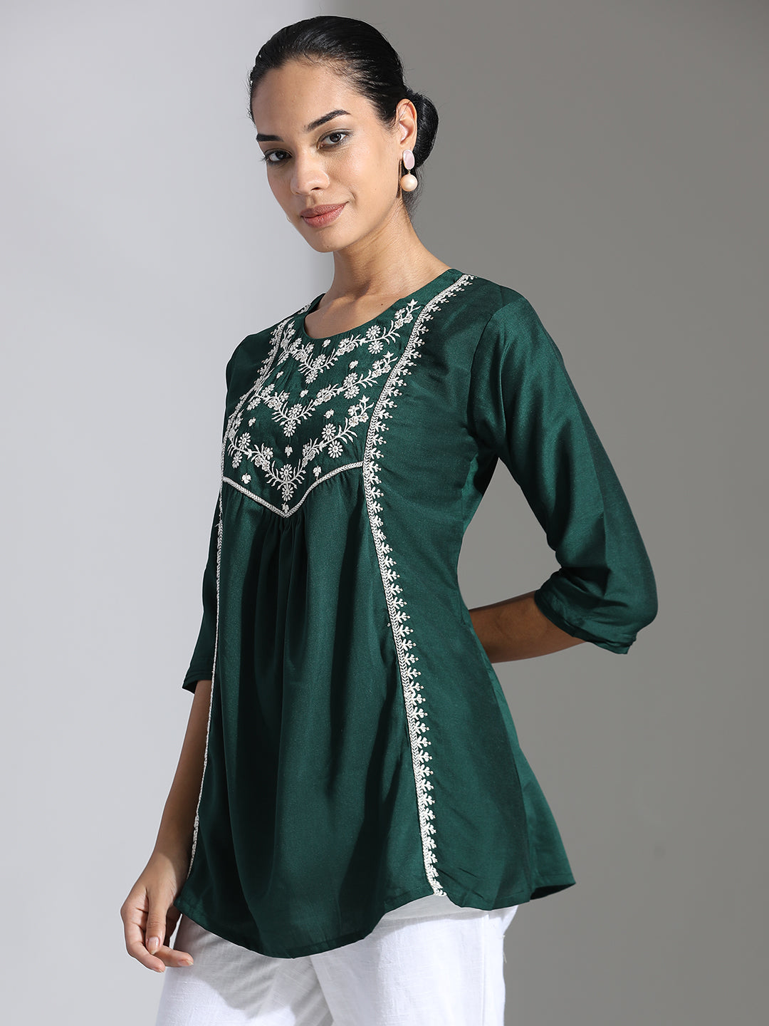 Dark Green Embroidered Party Wear Gathered Top