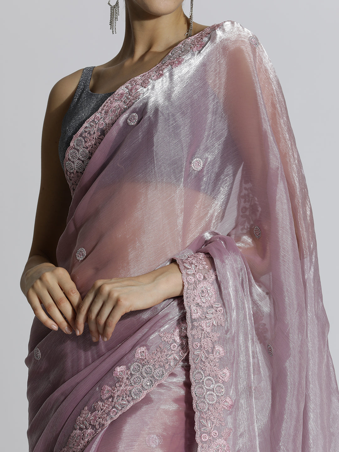 Party Wear Embroidered Tissue Purple Saree