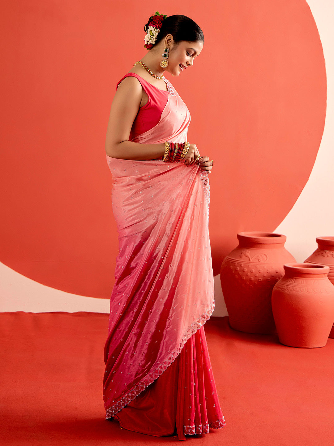 Satin Siroski Work Party Wear Pink Saree