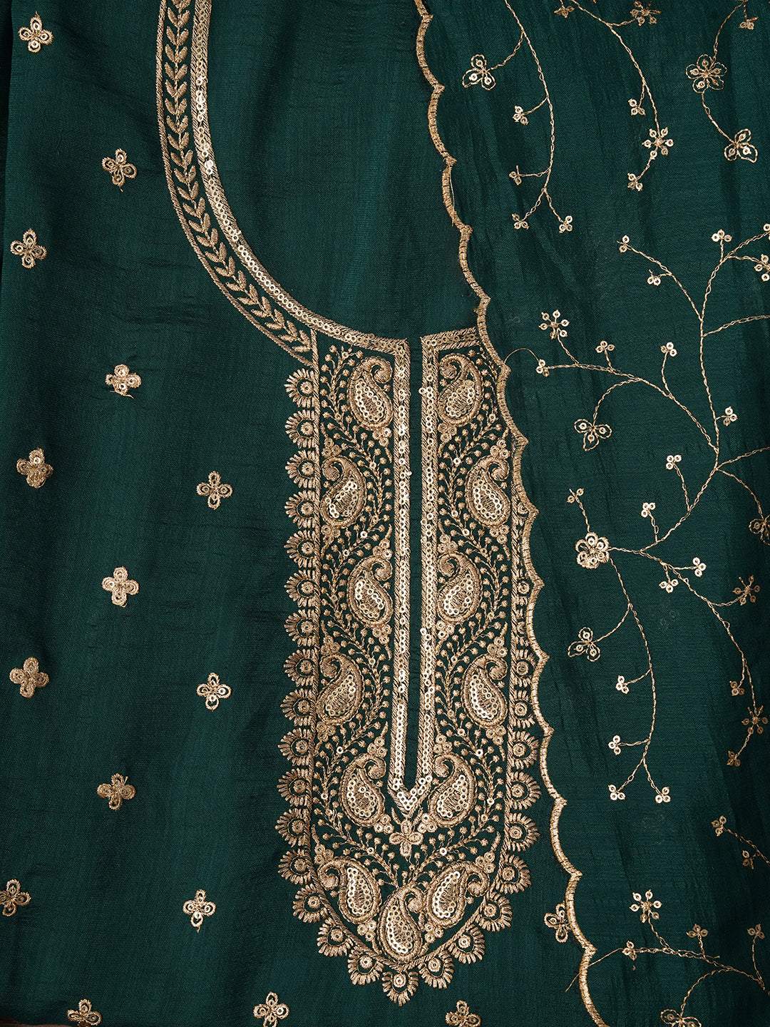 Unstitched Embroidered Cotton Blend Green Dress Material With Dupatta