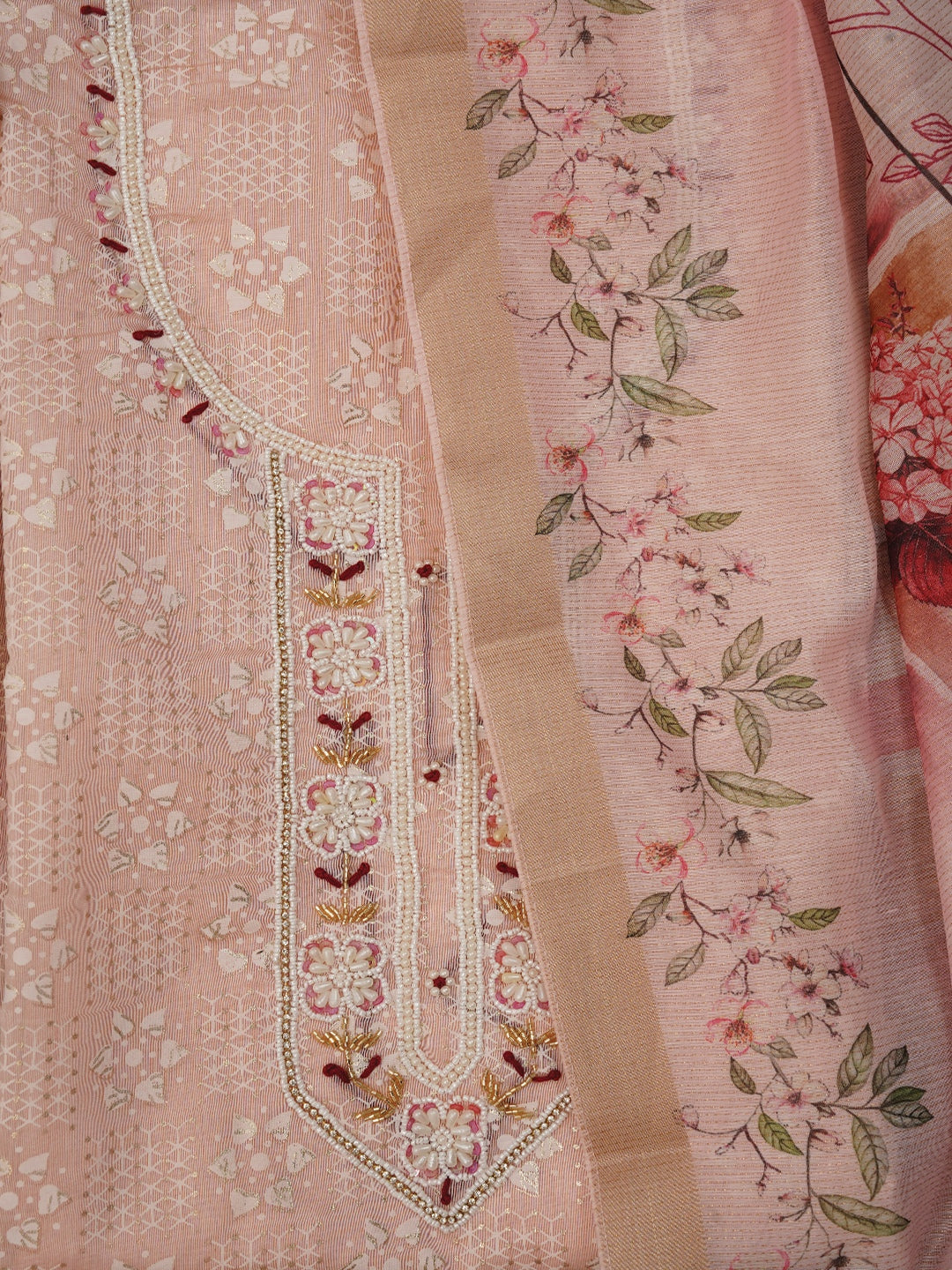 Peach Printed Embellished Cotton Dress Material with Dupatta