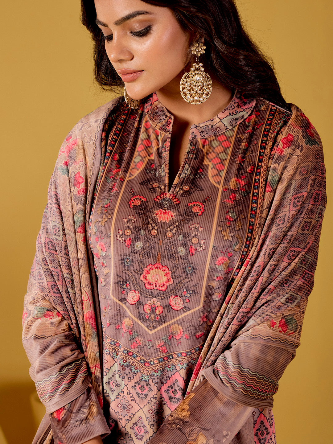 Beige Embellished Velvet Printed Kurta Set With Dupatta