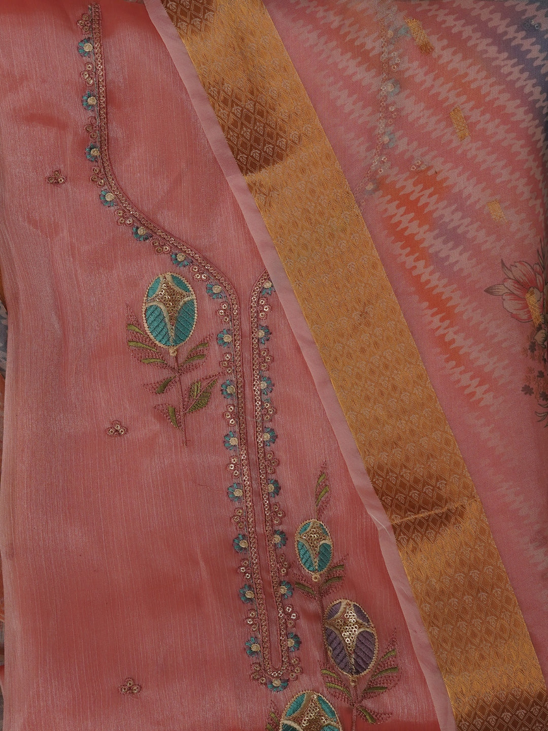 Peach Unstitched Embroidered Pure Silk Dress Material With Dupatta