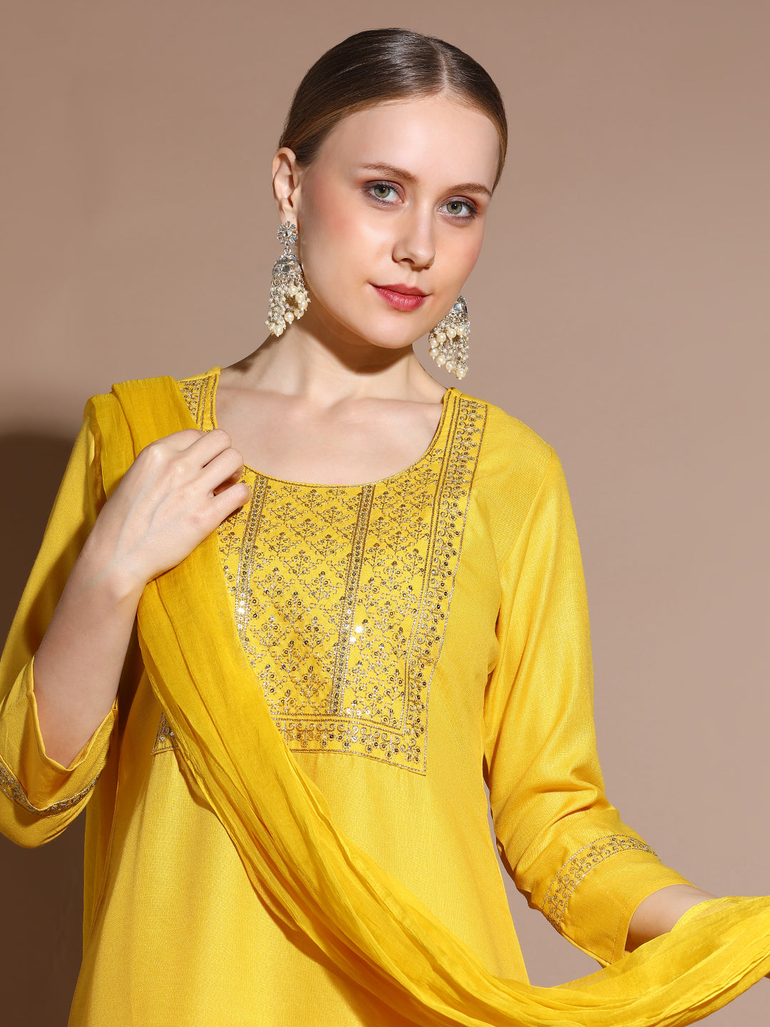 Yellow Embroidered Cotton Blend Kurta Set With Dupatta