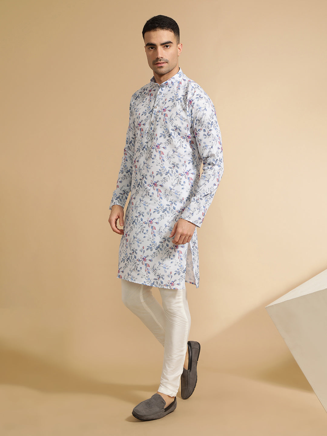 Floral Printed Off White & Blue Cotton Kurta for Men