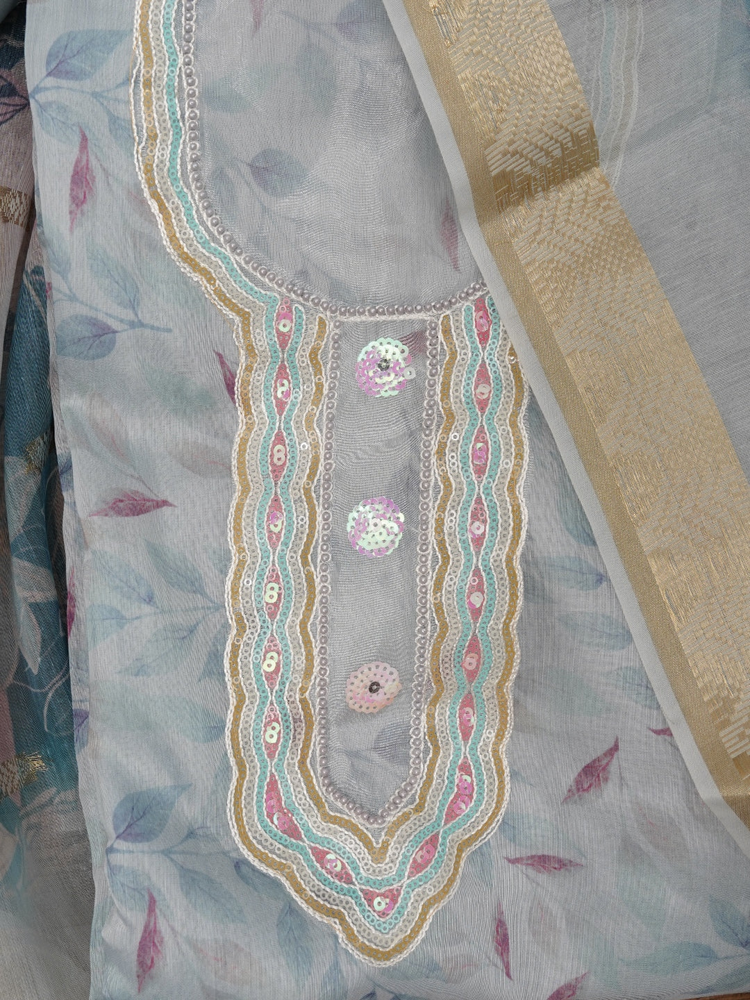 Grey Sequin Work Floral Printed Cotton Blend Dress Material with Dupatta