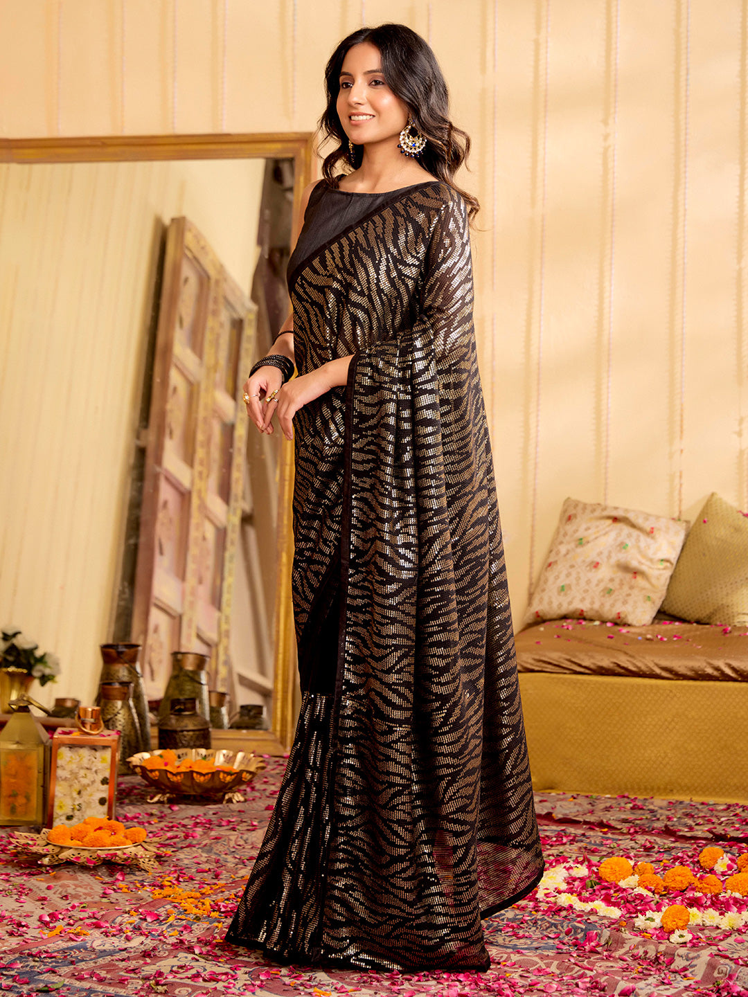 Pure Georgette Sequins Party Wear Black Saree