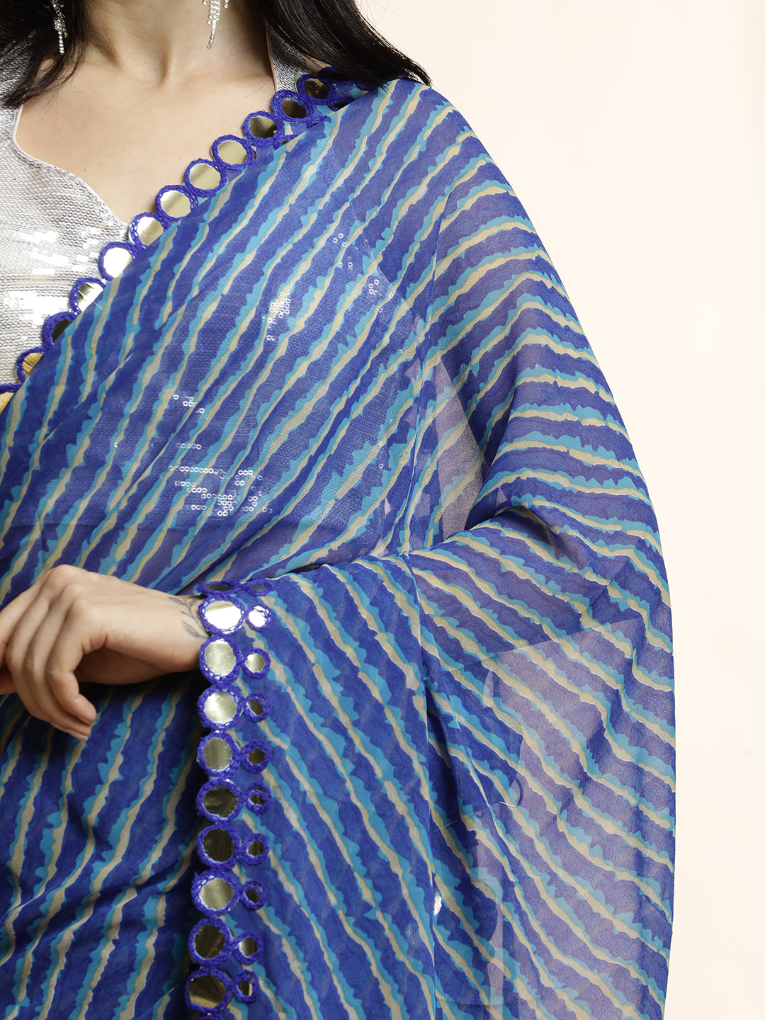 Blue Chiffon Leheriya Mirror Work Saree