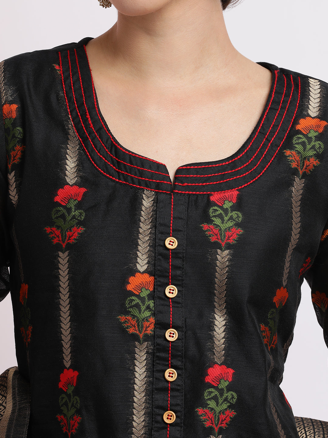 Black Embroidered Jacquard Kurta Set With Dupatta