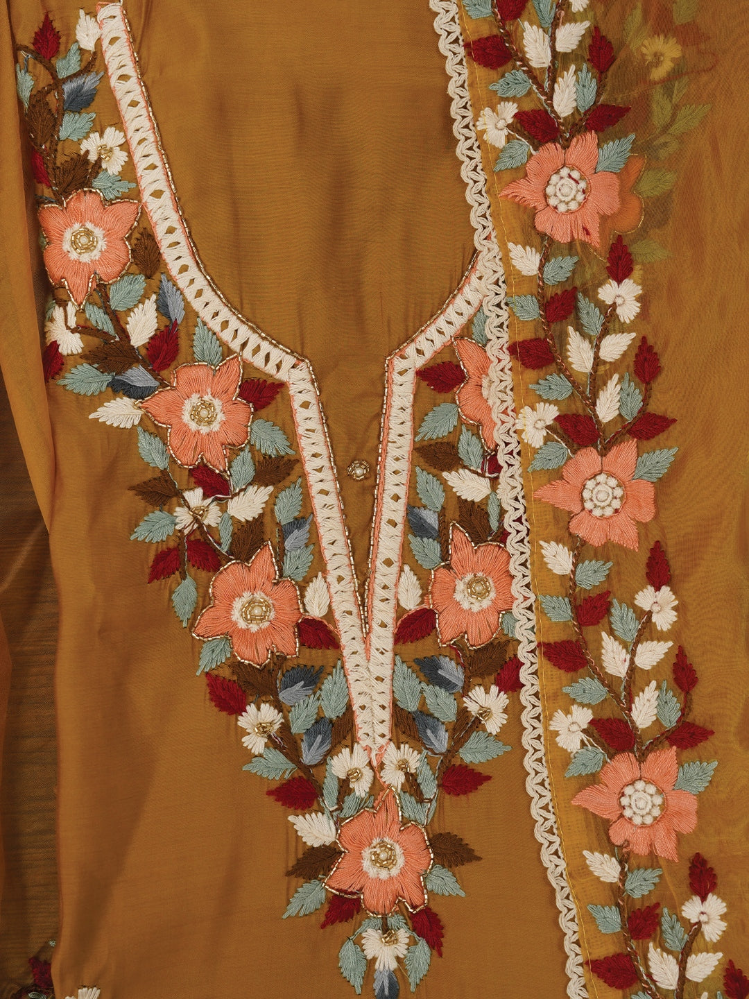 Pure Silk Mustard Lucknowi Embroidered Dress Material with Dupatta