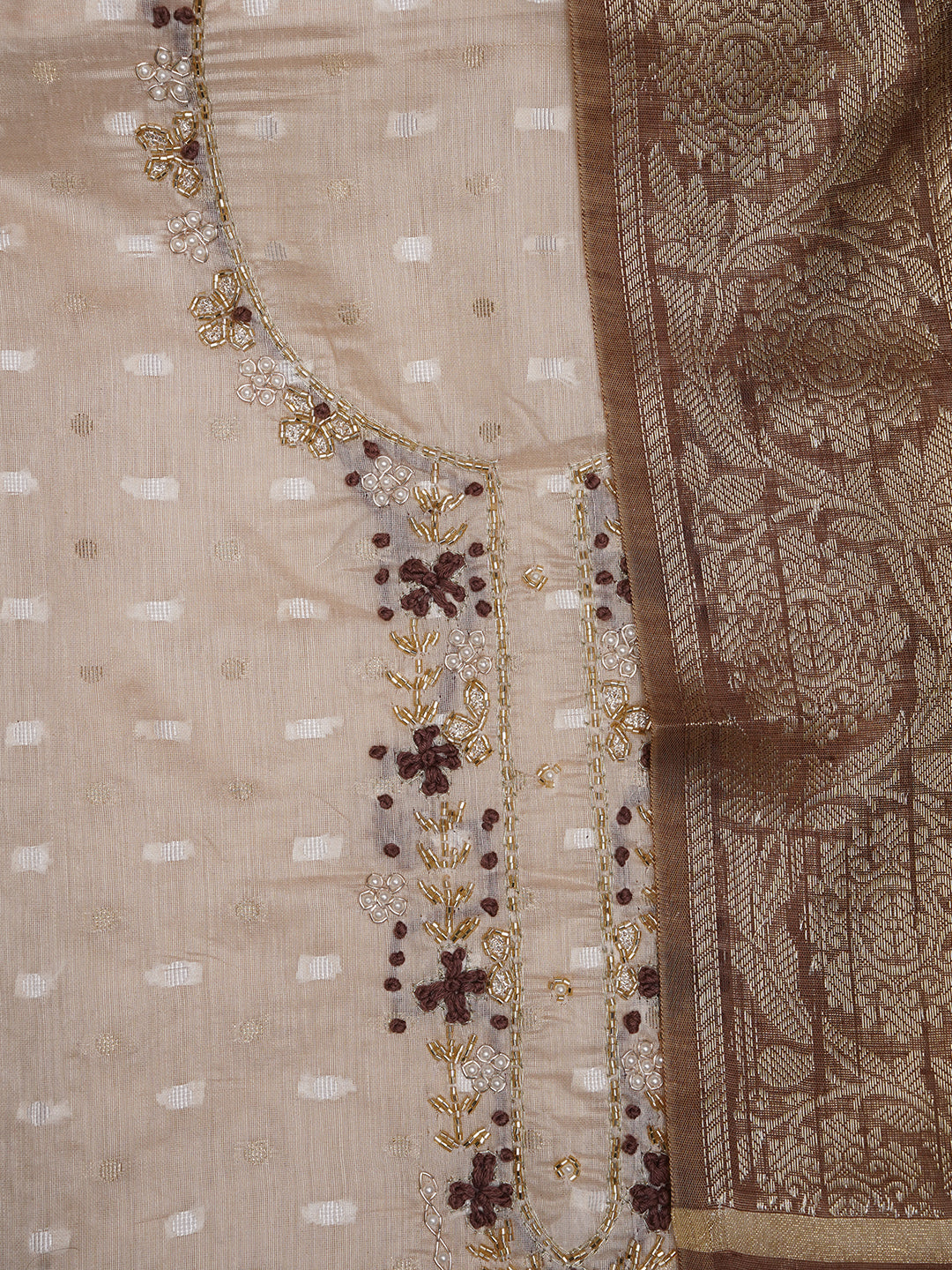 Beige Unstitched Silk Blend Embellished Dress Material With Dupatta