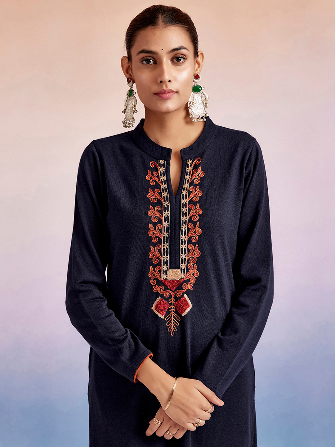 Navy Blue Embroidered Straight Woolen Kurta