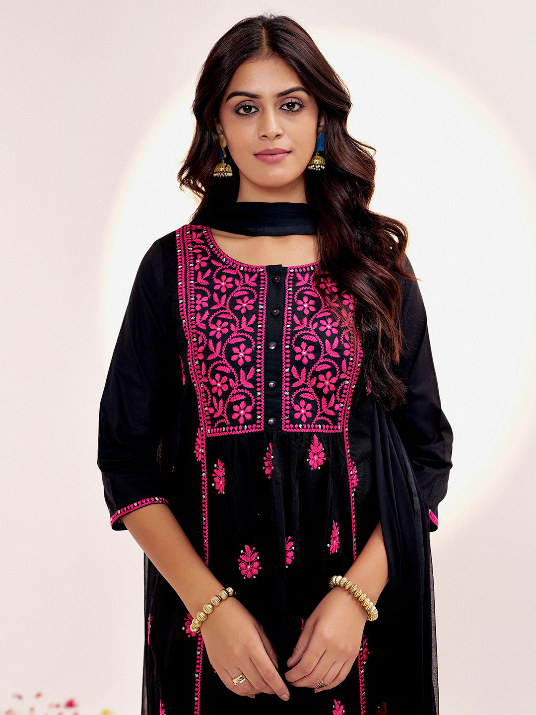 Black Threadwork Festive Pure Cotton Kurta Set With Dupatta