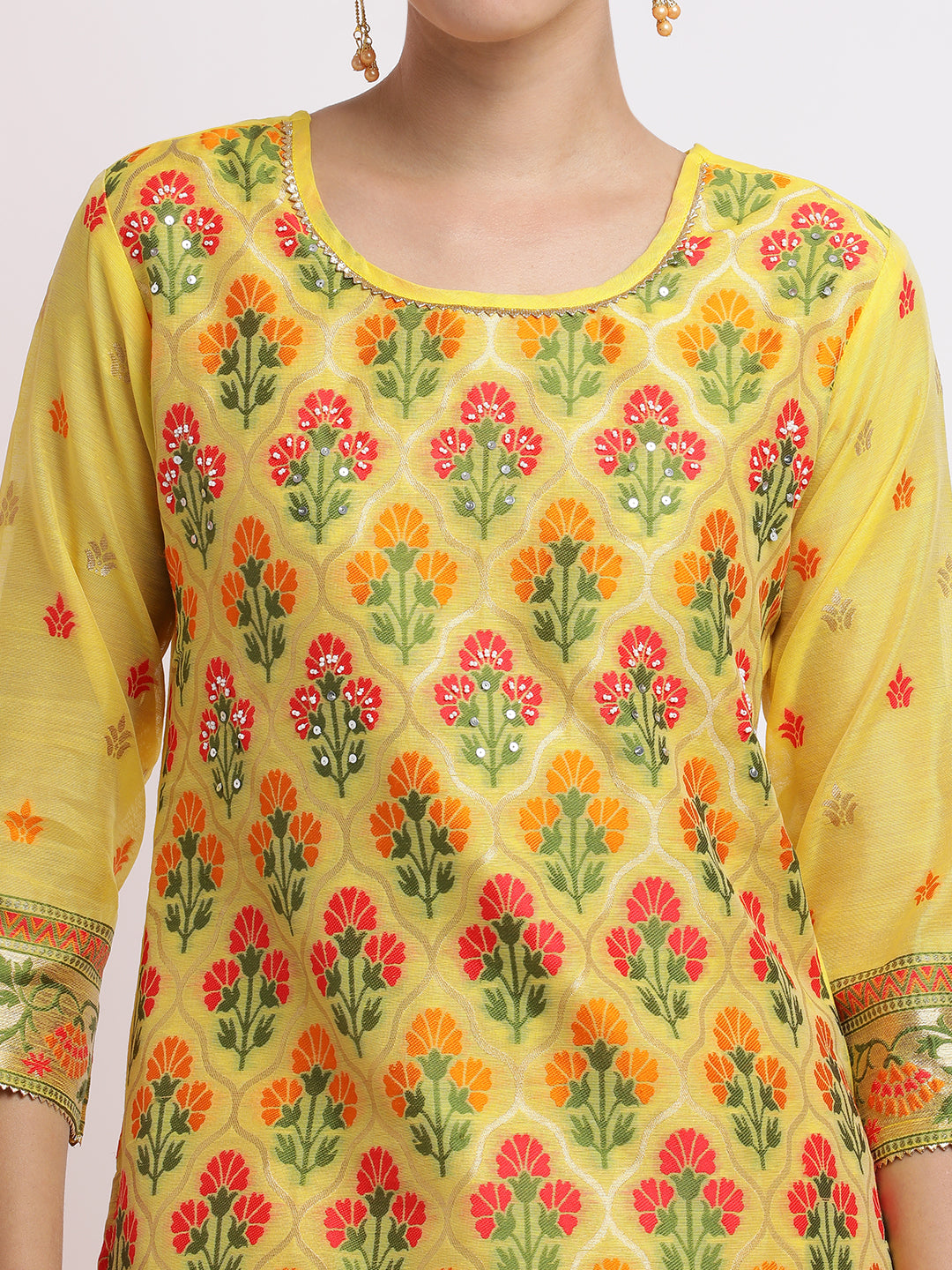 Yellow Woven Design Jacquard Kurta Set With Dupatta