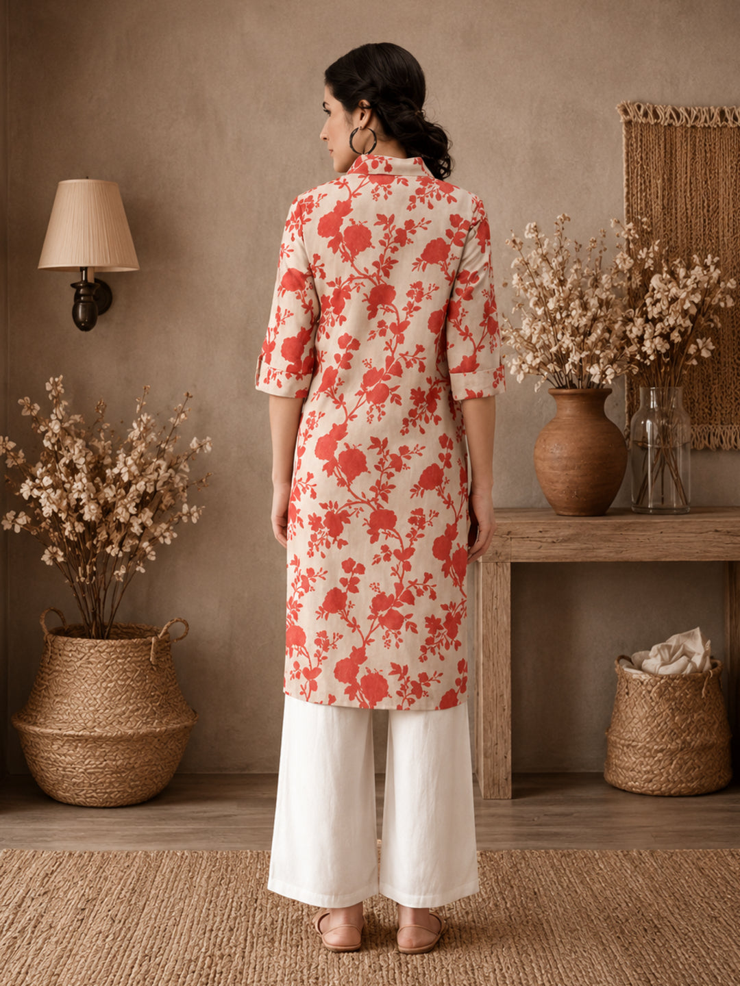 Floral Beige Collared Kurta