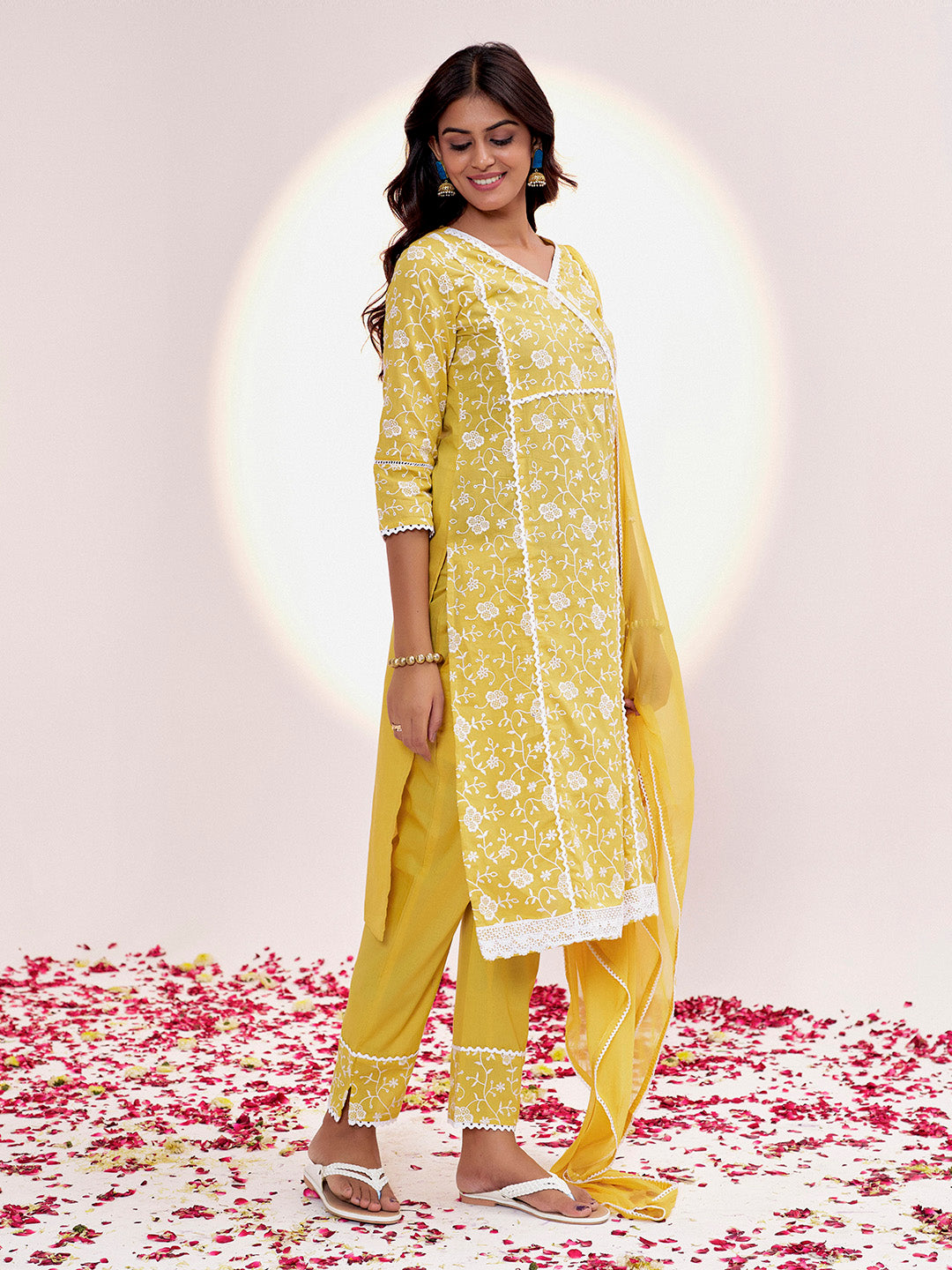 Yellow Pure Cotton Festive Chikankari Kurta Set With Dupatta