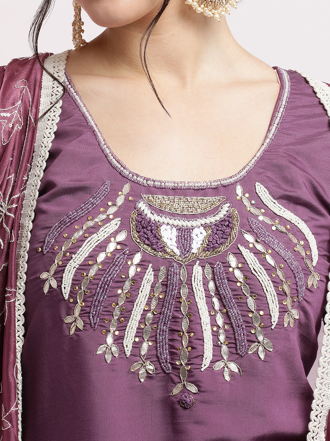 Purple Embroidered Cotton Festive Kurta Set With Dupatta