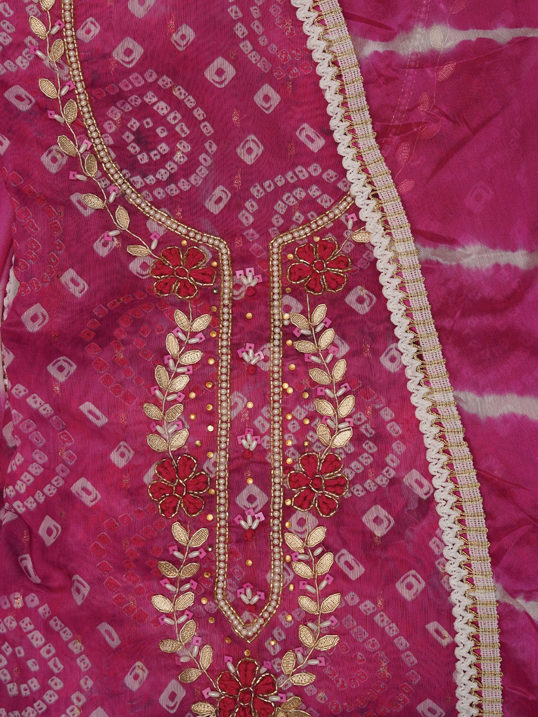 Pink Bandhani Embroidered Dress Material with Leheriya Dupatta