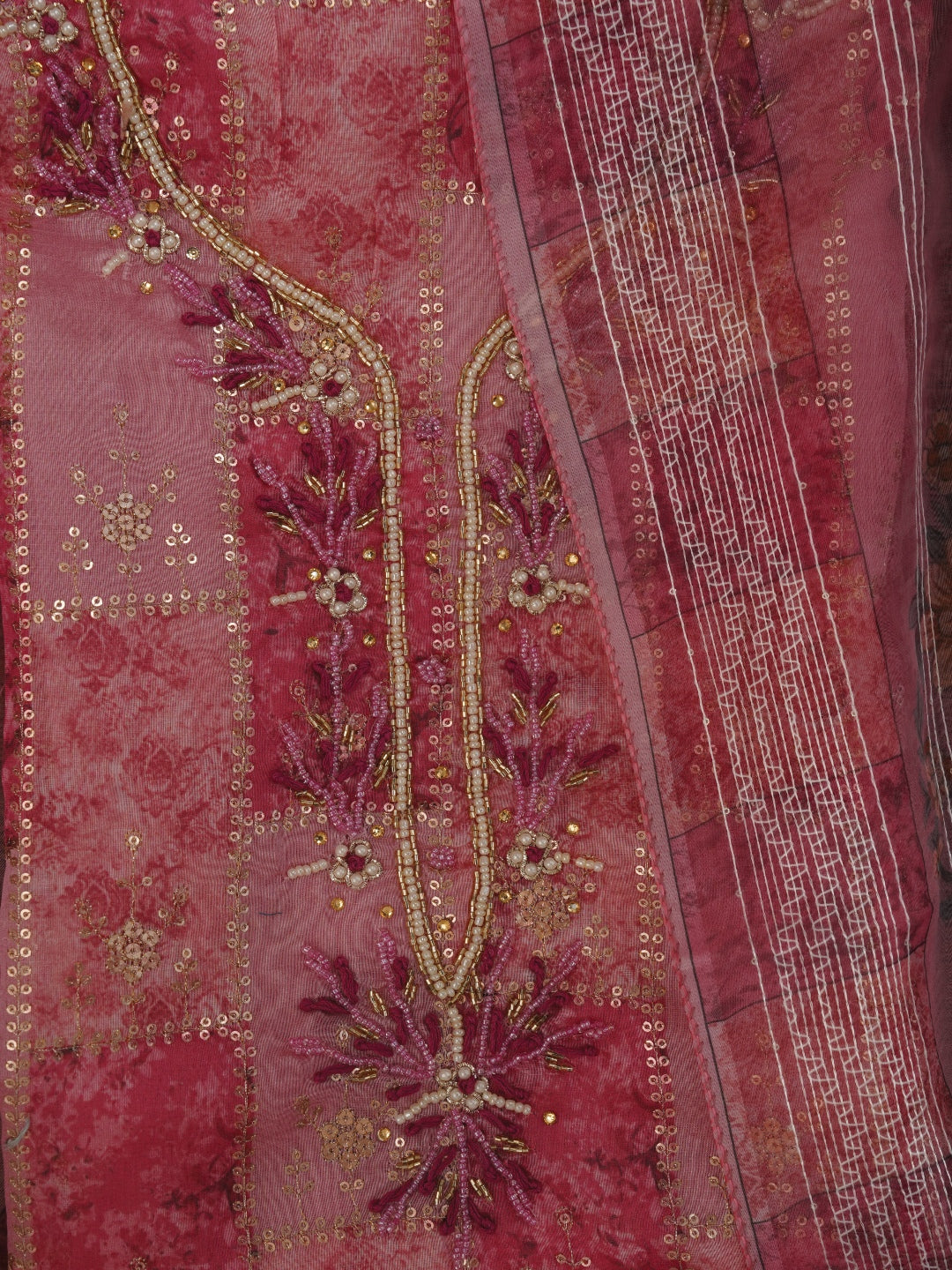 Pink Sequin Embellished Organza Dress Material With Dupatta