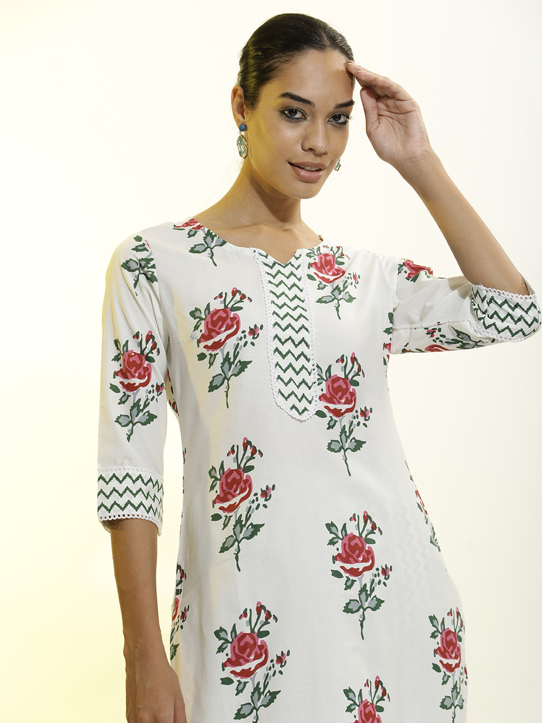 Floral Printed Cotton Straight White Kurta Set