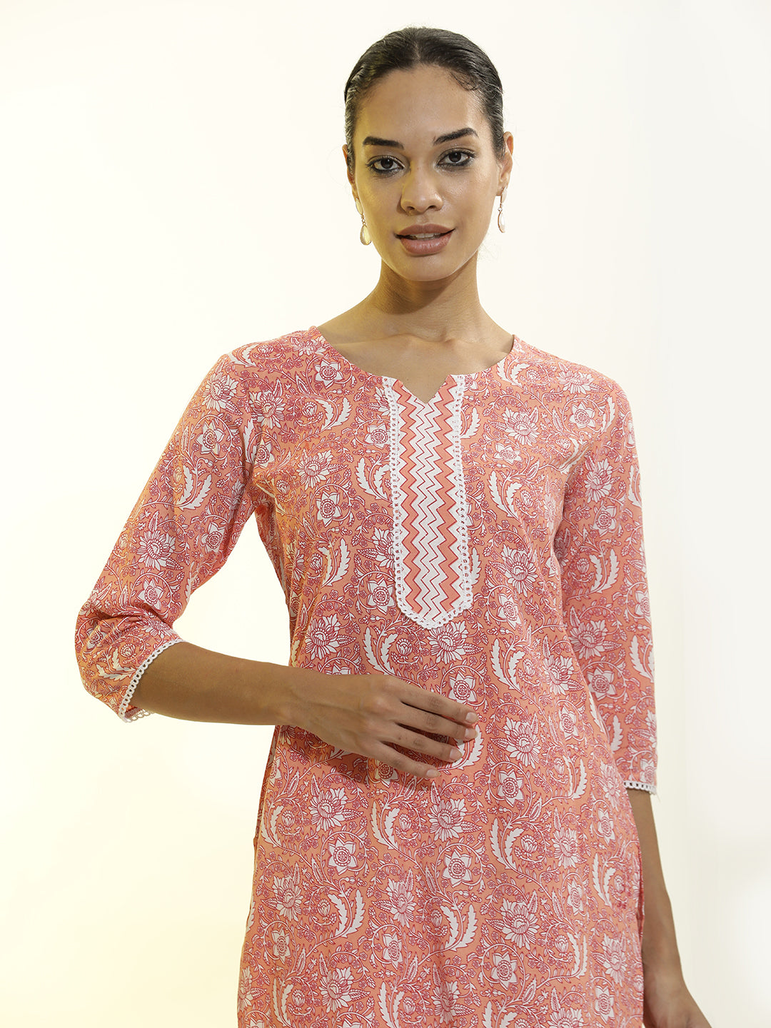 Peach Floral Printed Cotton Blend Kurta Set