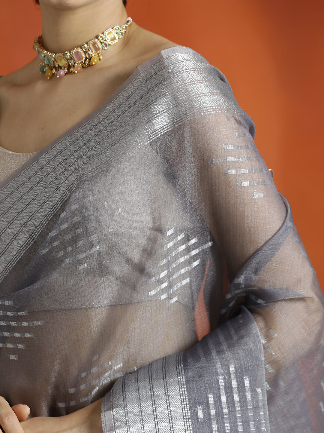 Grey Zari Woven Banarasi Organza Saree