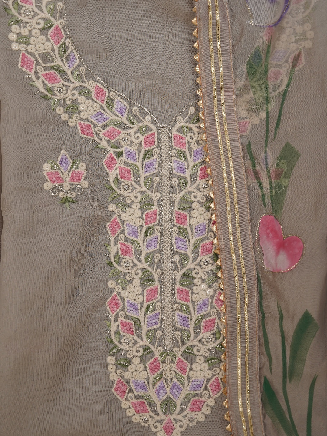 Handpainted Grey Embroidered Dress Material with Dupatta