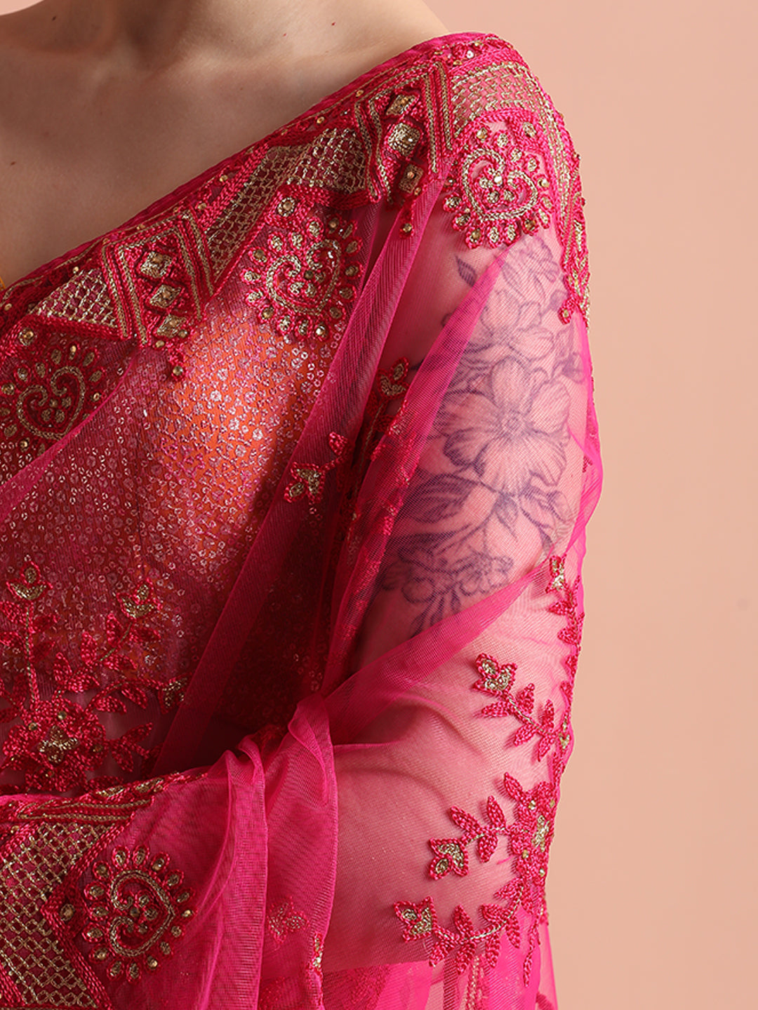 Pink Floral Embroidered Net Party Wear Saree