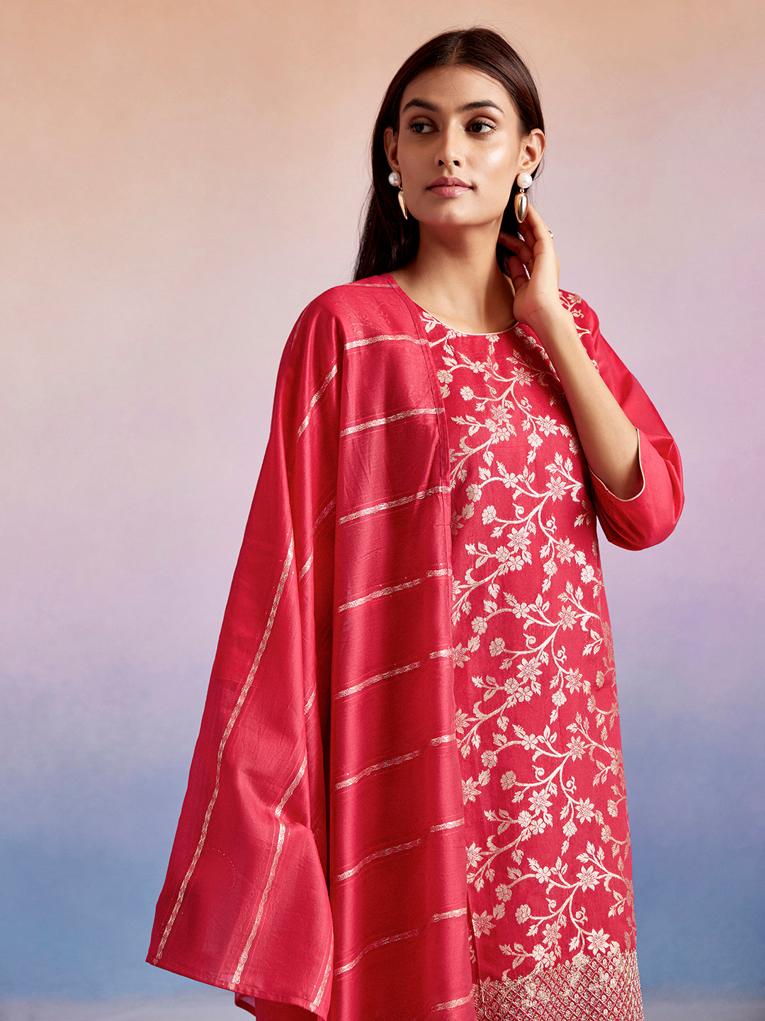 Zari Embroidered Festive Kurta Set With Dupatta