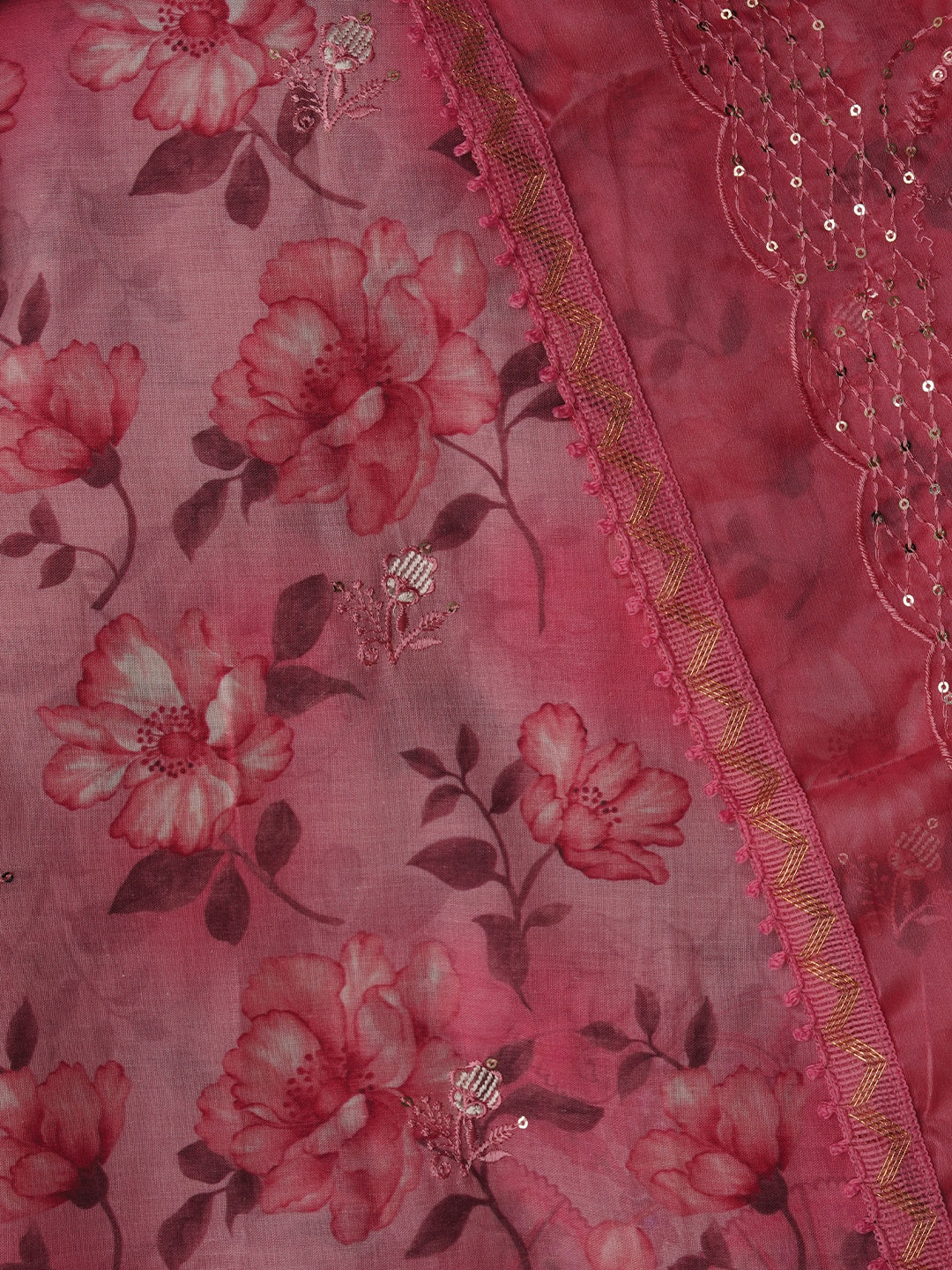 Floral Pink Printed Embellished Cotton Dress Material with Dupatta