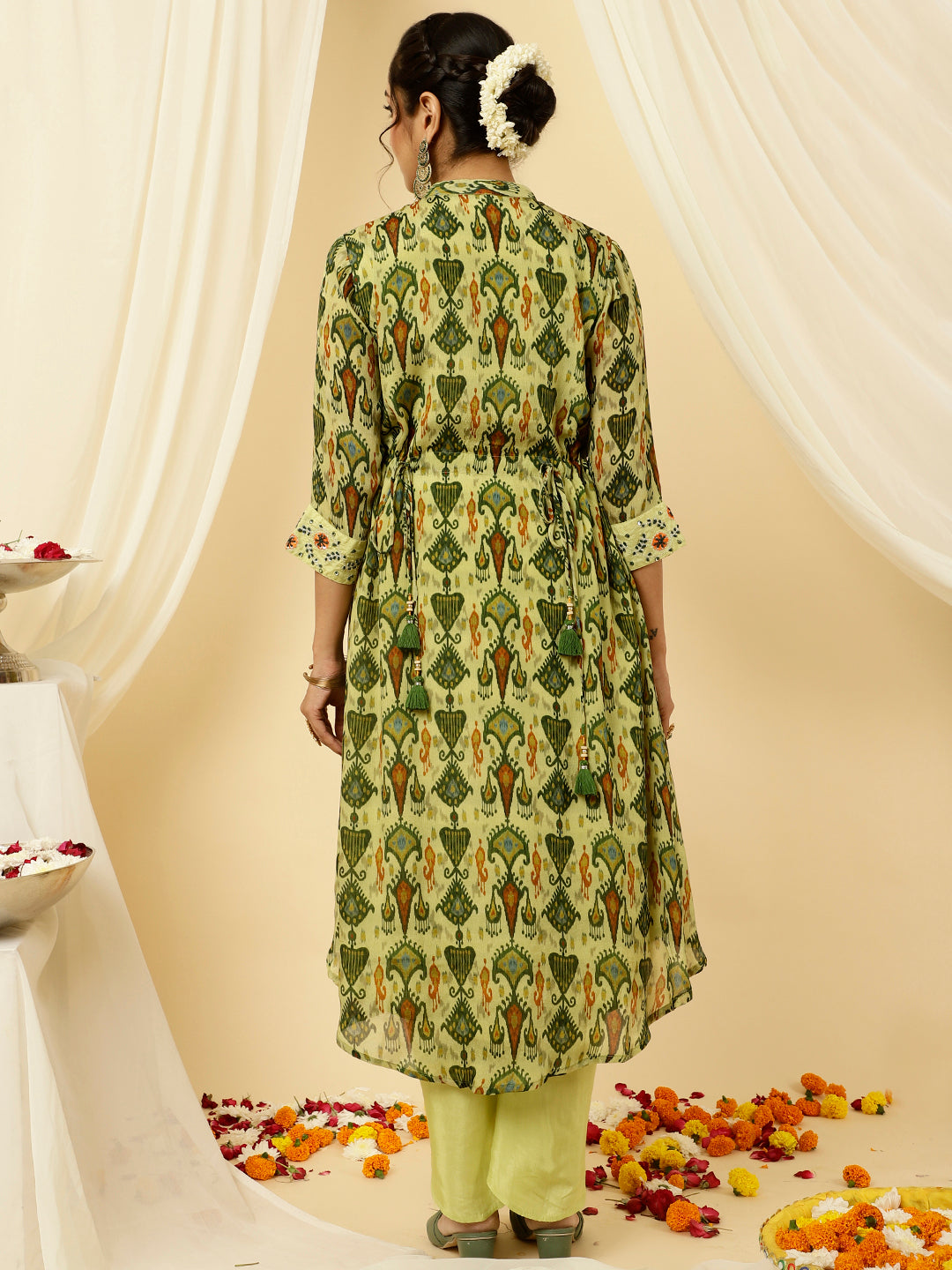 Ikat Printed Asymmetric Kurta With Dhoti Set